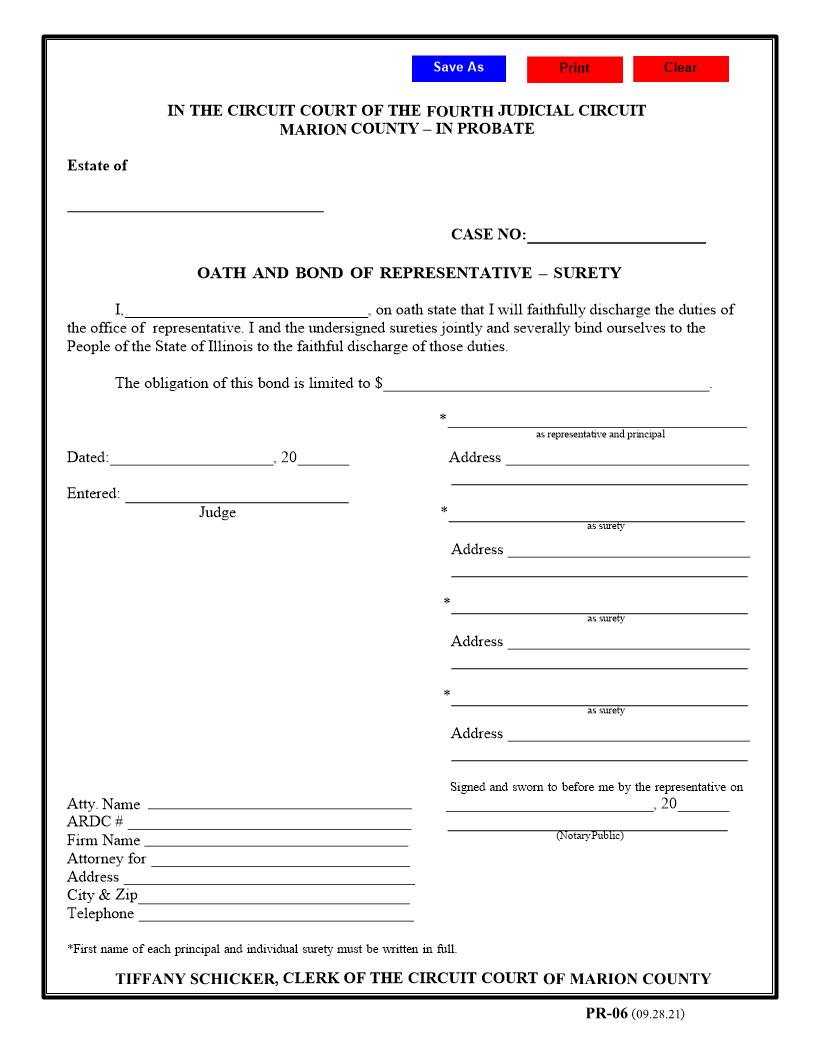 Oath And Bond Of Representative - Surety {PR-06] | Pdf Fpdf Docx | Illinois